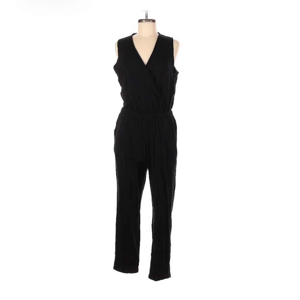 LOU & GREY Loft Black Signature Soft Sleeveless Faux Wrap Jumpsuit NWOT Sz S